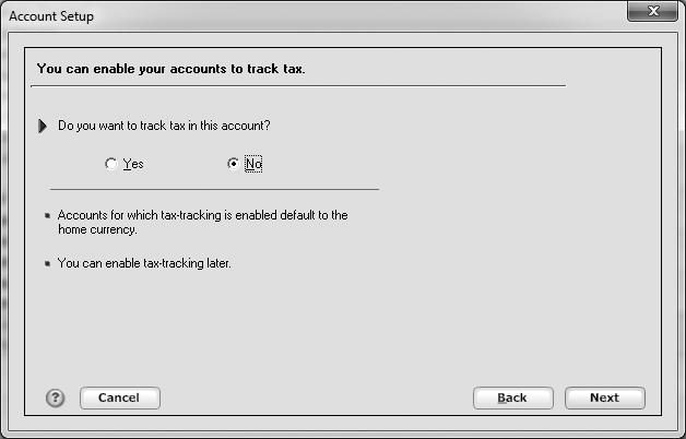 Turning on tax tracking when creating a new account 1. Go to the File menu and click New. 2. Click the New Account radio button and then click OK. 3.