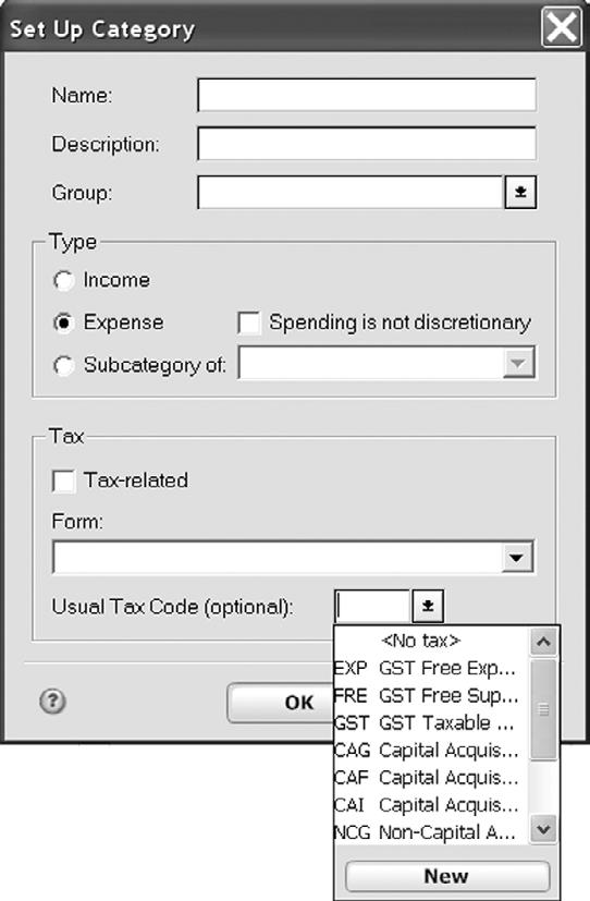 Assigning a tax code when creating a new category 1. Go to the Tools menu and click Category List. The Category List window opens. 2. Click New at the top right of the Category List.