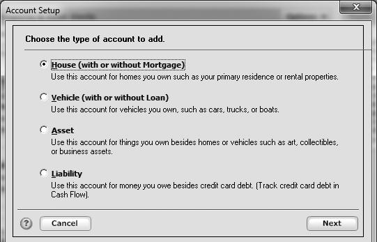 3. Select Vehicle (with or without Loan) and click Next. The Account Setup wizard for tracking a vehicle opens. 4. Follow the onscreen instructions, clicking Next to move through the pages.