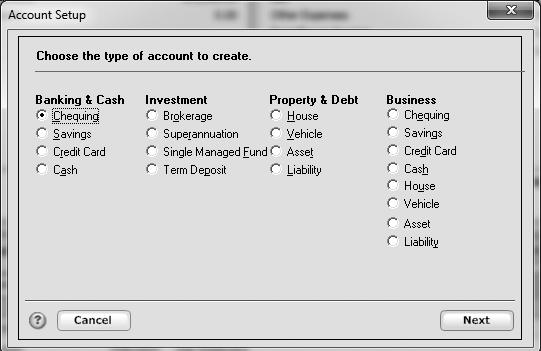 3. In the Spending & Savings Accounts snapshot, click Add Account. The Account Setup window opens. 4. In the Choose the type of banking account to create area, select Chequing, then click Next. 5.