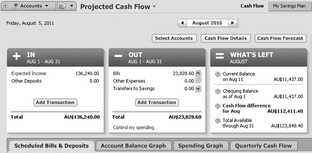 Click the arrows to see information for another month. Click the button/tab to forecast your cash flow balances in the future. Click the Add Transaction button to add more income sources or expenses.