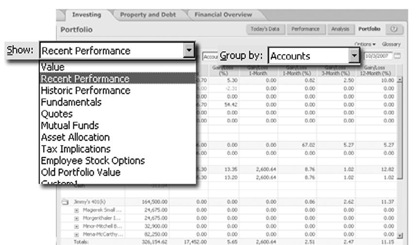 performance, and price information for every security you own, across multiple investment accounts. In this section, you ll learn how to select a portfolio view.