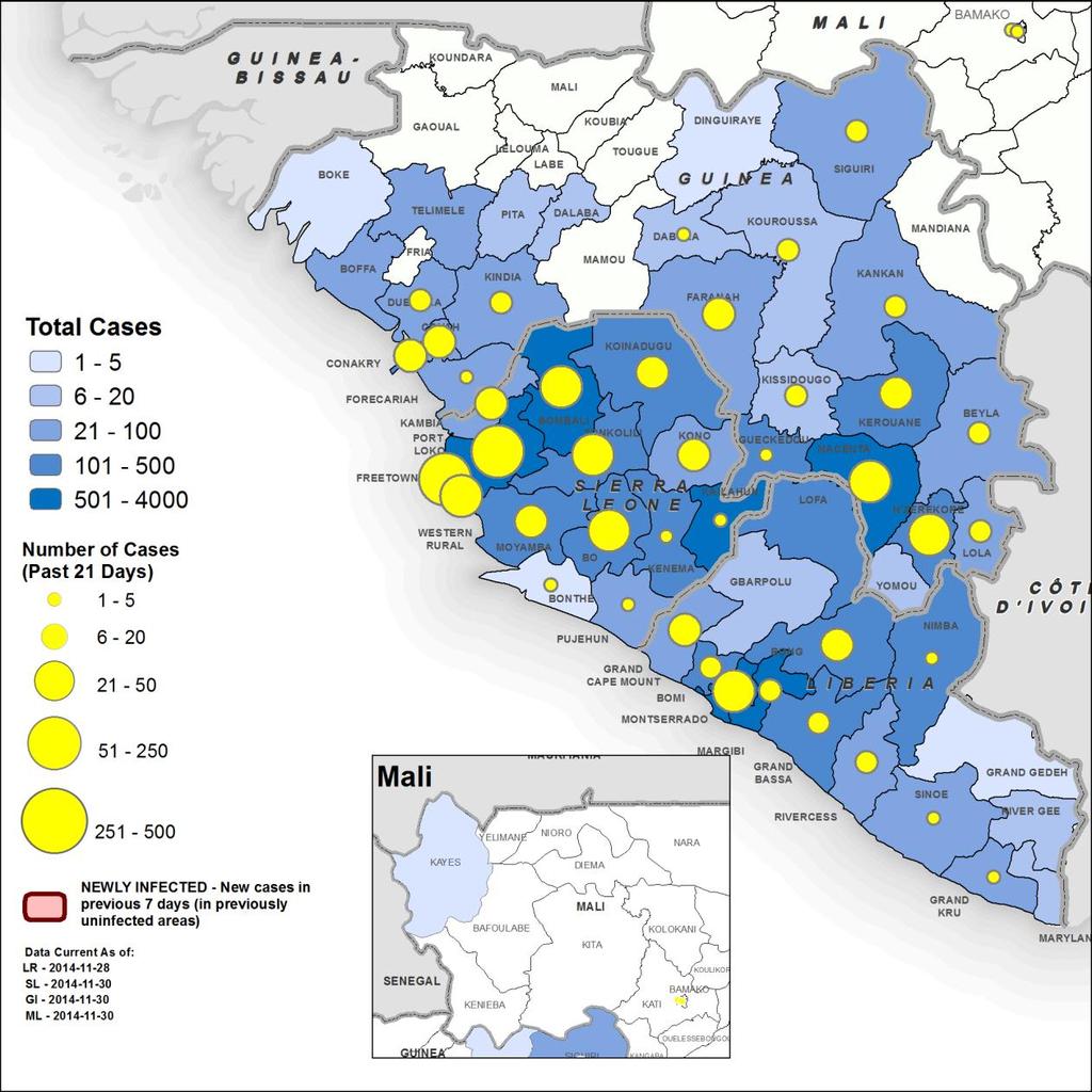 Figure 4: Geographical distribution of new and total confirmed and probable* cases in Guinea, Liberia, Mali and Sierra Leone Data are based on situation reports provided by countries.