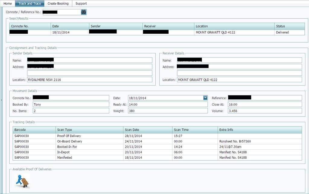 A summarised consignment is displayed to the user as well as all relevant tracking events.
