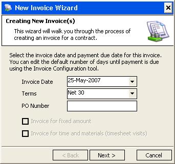 Customer Invoicing 2. The Invoice Wizard appears. Use the calendar and drop down box to specify an invoice date and payment terms. Where necessary, enter a PO Number in the PO Number box.