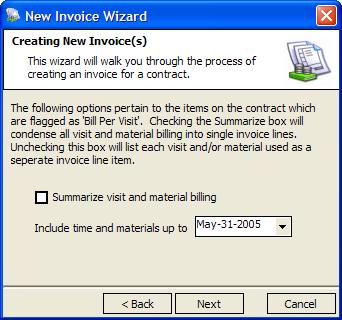 Customer Invoicing 7. If you have elected to invoice for time and materials a final options screen will appear, prompting you for a few more configuration settings.