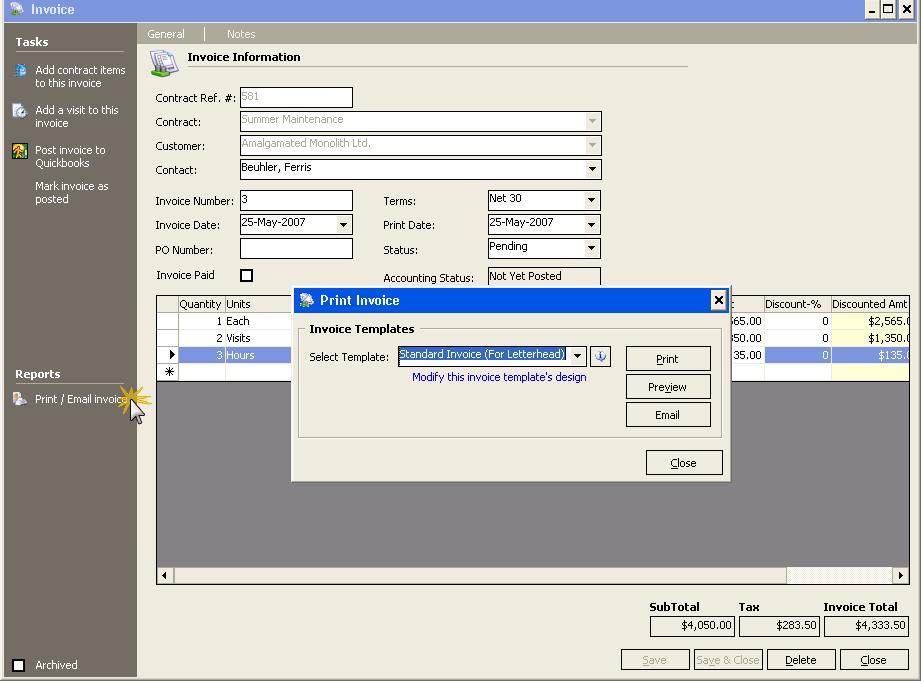 DynaSCAPE Manage (version 4.5) To print an invoice, click the Print/Email Invoice task on the invoice screen.