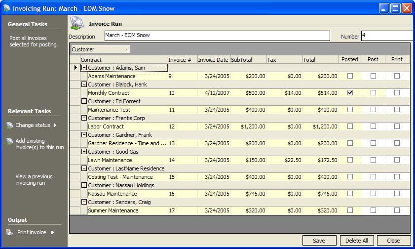 Once created, a typical invoice run screen looks like this: (the number of invoices will vary) The name and number of the invoice run are displayed at the top of the screen.