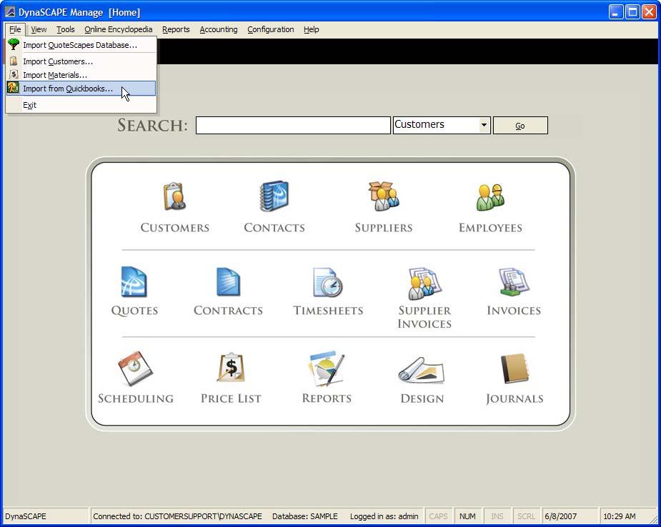DynaSCAPE Manage (version 4.5) 3. From the menu bar, select File Import from QuickBooks 4.