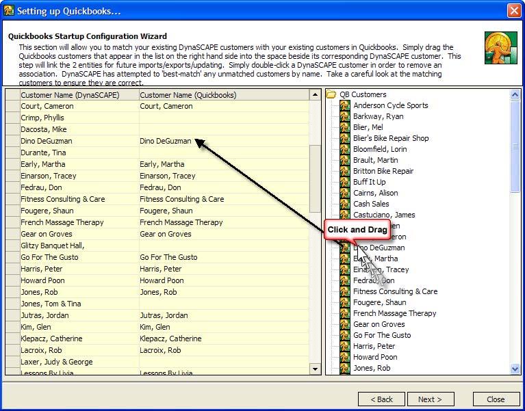 DynaSCAPE Manage (version 4.5) QuickBooks database during the customer synchronization process (covered later in this chapter). 15. When finished matching all customers, click Next. 16.