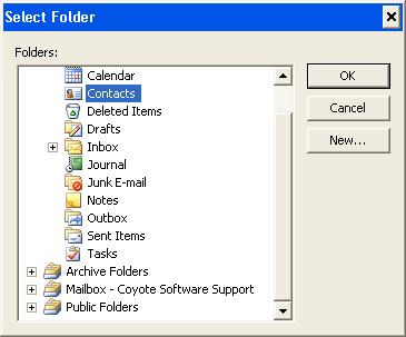 DynaSCAPE Manage (version 4.5) you must select a Contacts folder. Once you have selected the folder to which you want to export, click OK. 7.