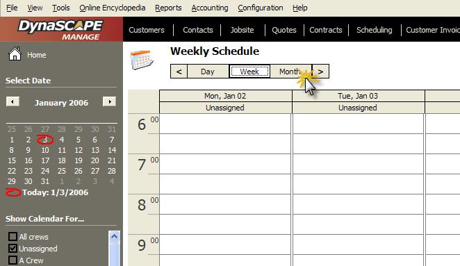 DynaSCAPE Manage (version 4.5) Calendar Views The calendar can be switched between Daily, Weekly or Monthly Schedule views. The first time you open the scheduling screen the view is set to Weekly.