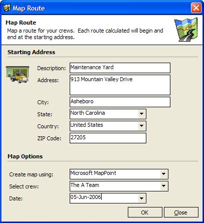 Whatever starting address you enter here will become the new starting address every time you open the Map Route panel from this point. Select your crew and start date.