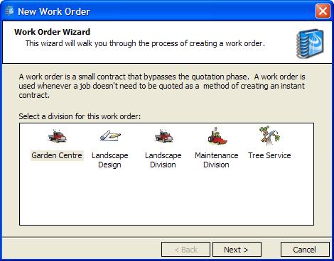 DynaSCAPE Manage (version 4.5) 2. Click the Create a Work Order task. 3. The New Work Order wizard appears. Select the division for the contract you wish to create.