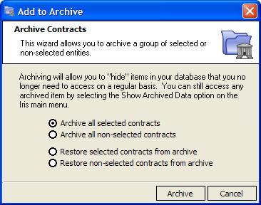 Contracts 3. The Archive Wizard appears. Ensure the option to Archive all selected contracts is selected. 4. Click Archive to archive all selected contracts.