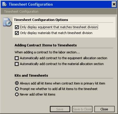 Timesheet Configuration To display division relevant equipment and materials, simply check the appropriate Timesheet Configuration Information options.