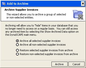 Supplier Invoices Archiving Multiple Supplier Invoices To archive multiple supplier invoices at once, start from the Supplier Invoices section of the DynaSCAPE Manage main screen and follow these
