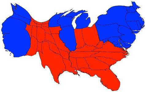 blue=democrat Cartogram of 2004