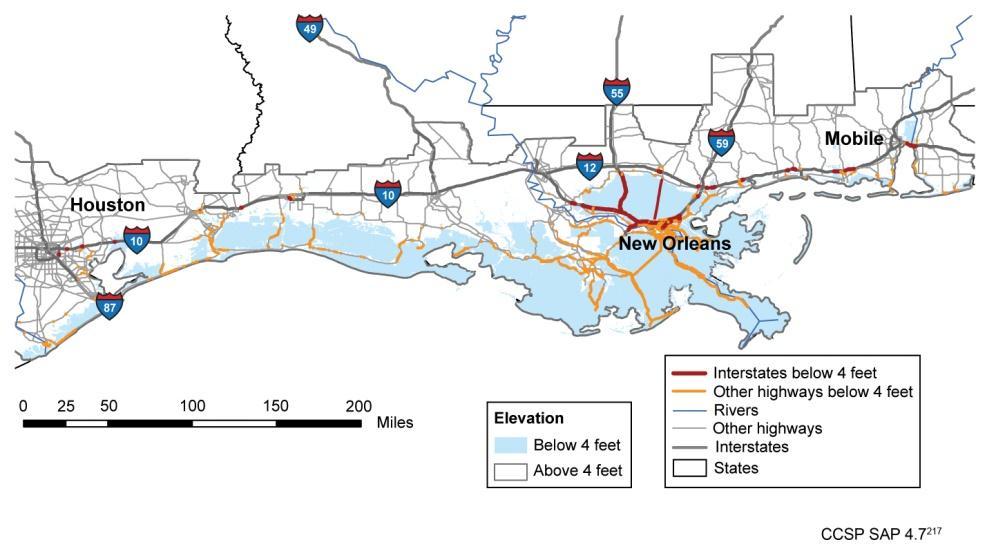 The map shows roadways at risk in the event of a sea-level rise of about 4 feet, within the range of projections for this region under medium- and high-emissions scenarios.