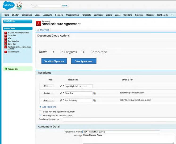 The sales team can now initiate the NDA workflow with a click of a button in Salesforce.