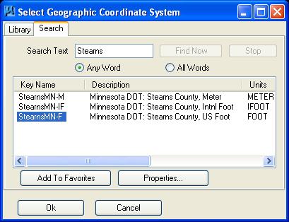(b4) Enter the county into the Search Text and select Find Now (see figure 7.2). As illustrated in figure 2, at least 3 lines for each county will appear. Select the US Foot option.