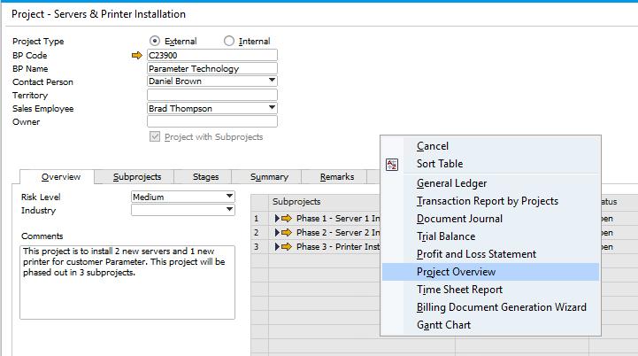 Project Management (1/3) The context menu links to: Project Overview form detailing the entire project and it s hierarchical structure in one table.