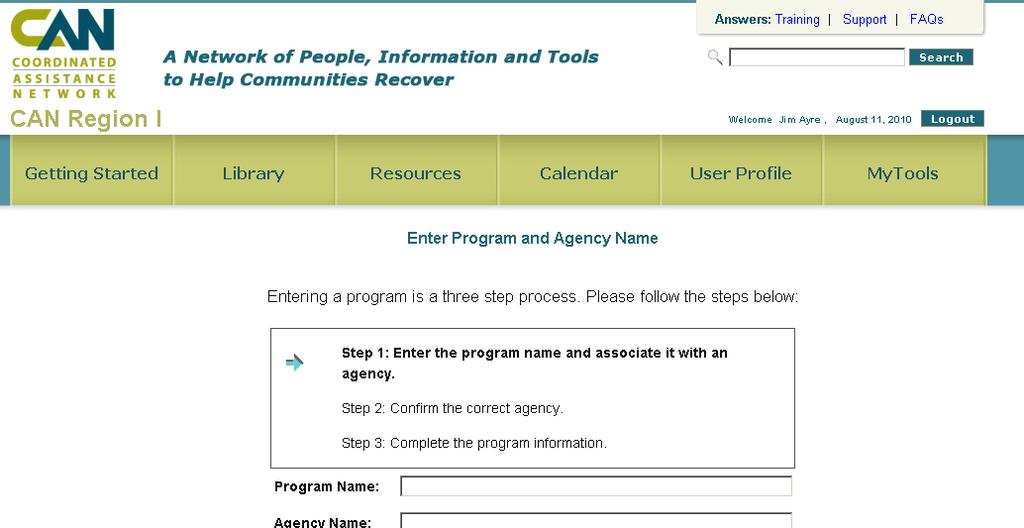 3.4 Creating New Program Profiles After creating an Agency profile, a Program Profile must be associated with it before any Service Profiles may be created.