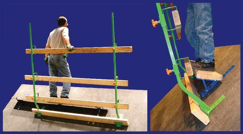 This allows a guardrail to be constructed, consisting of a top rail, midrail, and toeboard by inserting the vertical post with three adjustable horizontal support brackets (for 2-by-4 lumber for the