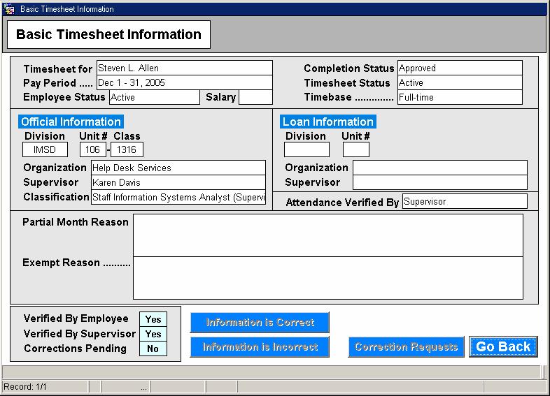 If all of the information is the same as the employee's last timesheet, a pop-up indicating this will be displayed.