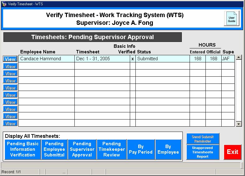 Chapter 2 - Accessing the Verify Timesheets Module From the WTS MAIN MENU, click the Verify Timesheets button. The first of two screens will appear. The first screen is called the TIMESHEETS screen.