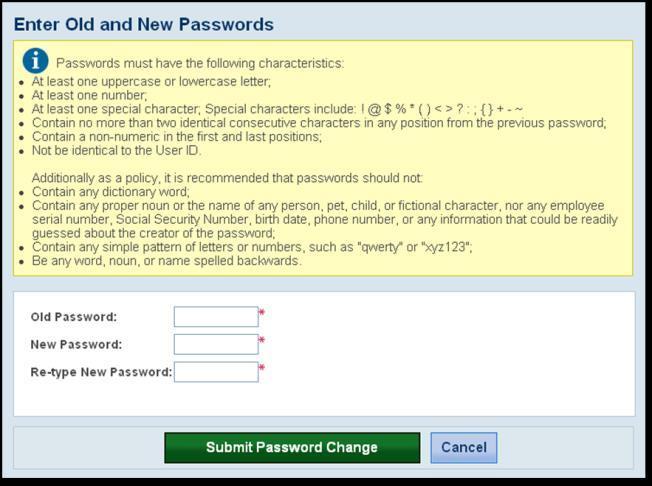 Retype new password in the Re-Type New Password field. The new password cannot be the same as any of the last six passwords. Enter password challenge questions and answers.