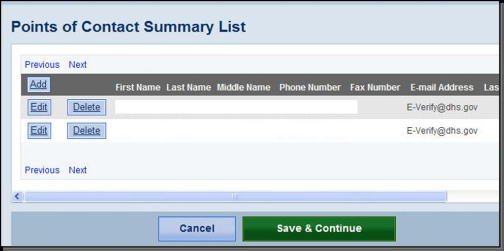 Click Save and Continue when finished updating the point(s) of contact. This brings the program administrator back to the Company Information page. 7.3.