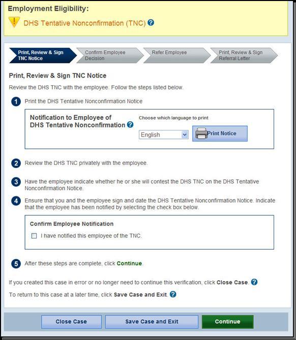 Page 37 of 86 check box Confirm Employee Notification. Keep the original, signed TNC notice on file with Form I-9.