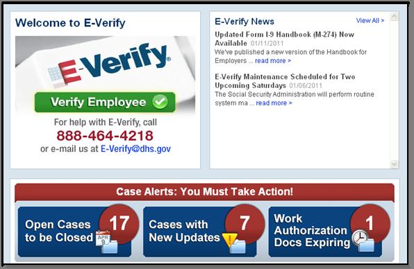 Page 52 of 86 CASE ALERTS OVERVIEW E-Verify user home page display with no case