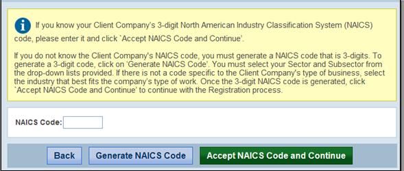 Page 73 of 86 Click Generate NAICS Code. Select the appropriate sector and subsector from the drop-down list.
