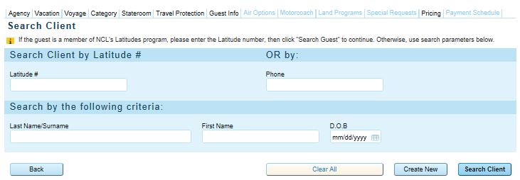 To search for a guest in the Latitudes Rewards Database, click on Search in the row of the appropriate