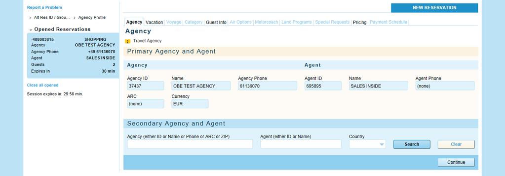 New Reservation To begin a new reservation, click on at the top of the screen. Agency Screen The Agency screen will display your Agency ID, name and phone number. Click on the Continue button.