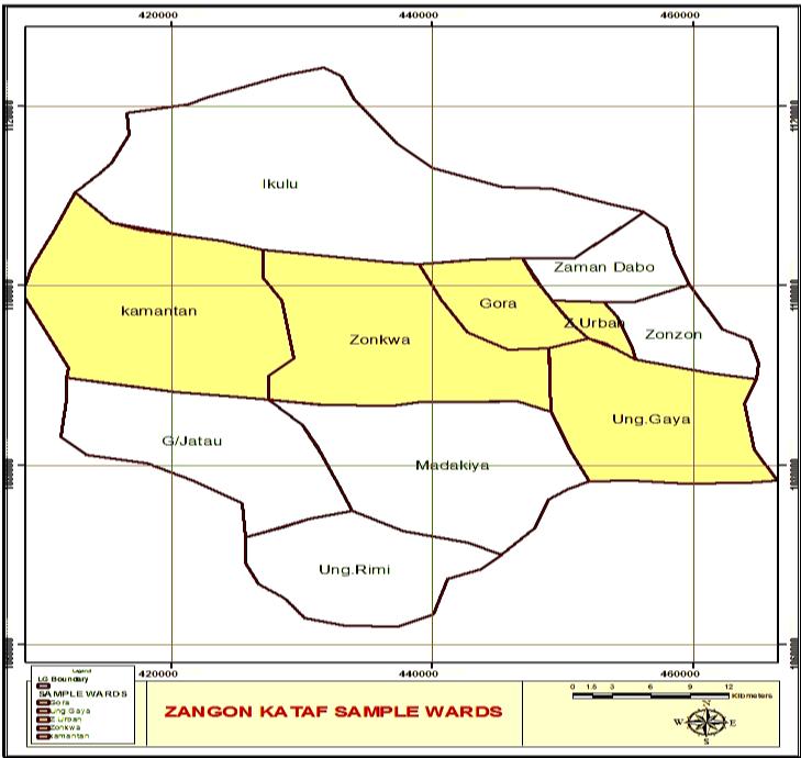 Journal of Occupational Safety and Environmental Health November 2012, 1(1): 84-88 Fig 1: Map of Zangon Kataf Showing the Sampled Wards Techniques of Data Analysis: Data collected from the