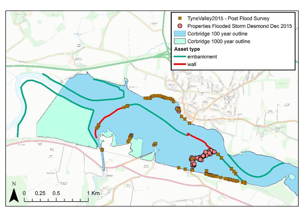 Figure 13.8: Corbridge location, flood zones, and properties flooded in December 2015 (1) Review modelled and observed flood levels Figure 13.