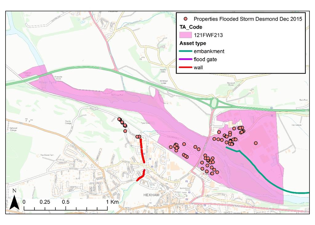 Figure 14.4: Existing FWAs at Hexham Table 14.4: Current flood warning thresholds, Hexham FWA Properties RES FW, maod 121FWF213 129 34.