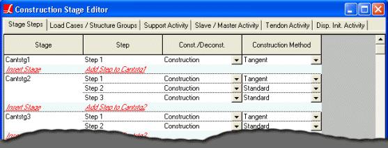 Construction Stage Editor: Stage Steps Construction Stage Editor: Load Cases / Structure Groups On the Load Cases/Structure