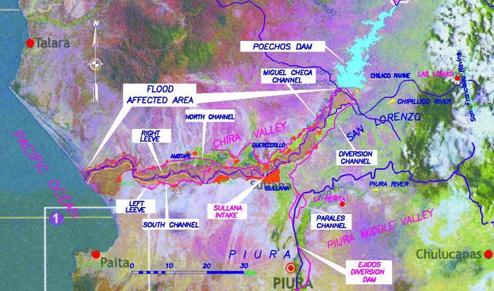 Figure 2 Chira River valley in flood risk (Yellow: Dikes, Purple: Flooded areas) The basic information for hydrologic and hydraulic analysis is based on studies and measurements made by the Project