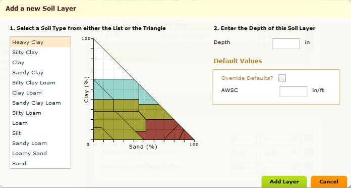 Soil Layers Figure 9 - Soil Cross - Section Tab The soil cross section tab in the calculator allows a user to add a soil layer by using the drop down table or the soil texture triangle.