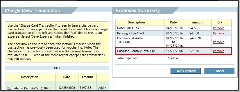 Figure 4-17: Transaction Saved to Expenses Summary 5. Select Save Expenses.