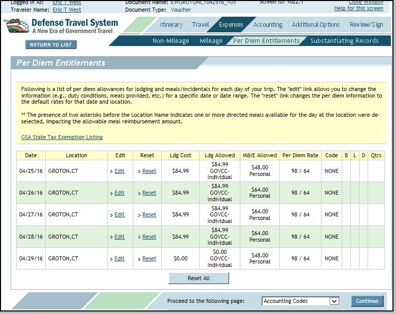 Figure 4-19: Per Diem Entitlements Screen You may edit lodging costs and other information (e. g. duty conditions and meals). You can edit a specific date or a date range. 3.