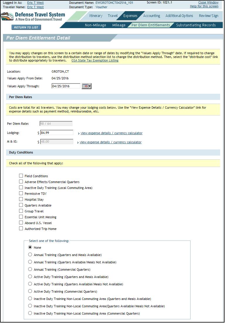 Figure 4-20: Per Diem Entitlement Detail Screen Lodging and Duty Conditions) 5.