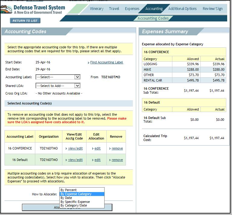 Figure 4-23: Accounting Codes Screen - Allocate Expenses 4. Select Allocate Expenses. 5. Select the Accounting Code to use for each allocation. 6. Select Save Allocations.