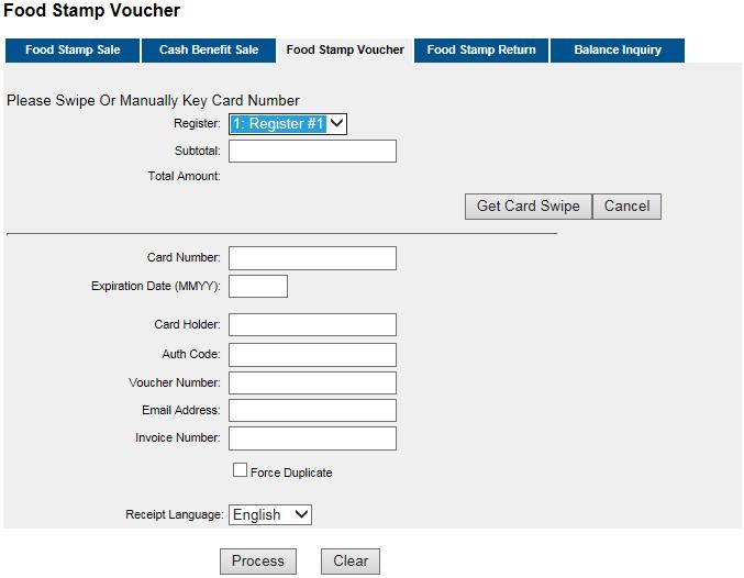 Food Stamp Voucher Transaction The food stamp voucher transaction is a food stamp sale transaction that could not be submitted to Global Payments for authorization, usually because the transaction
