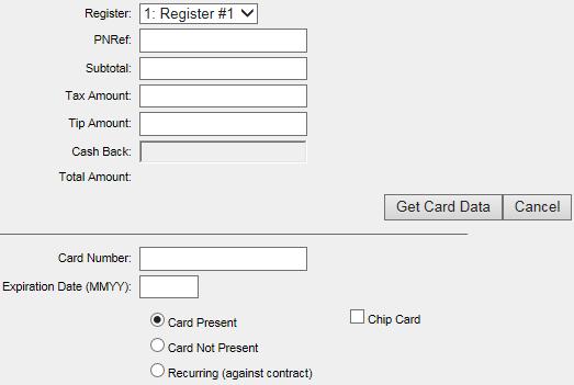 Register, Card/Check, and Amount Information Card: Check: This section includes information about the card or check used in the transaction, such as