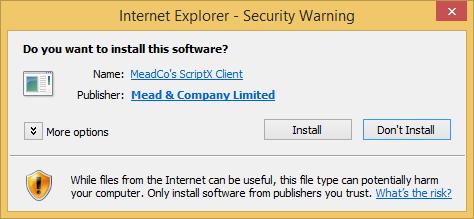 A Security Warning prompt displays, prompting you to install MeadCo s ScriptX: 4. Click Install. Once the ActiveX control is installed, the Advanced Printing prompt displays: 5. Click Yes, allow.